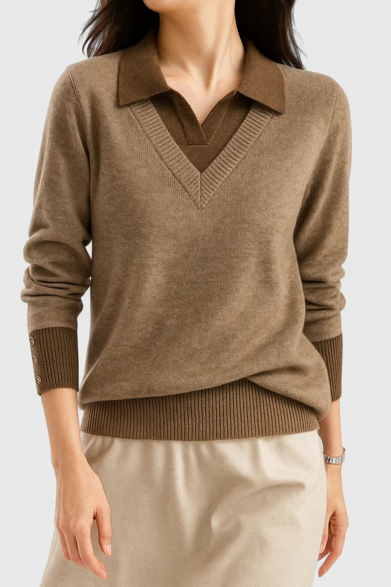 Polo Collar V-Neck Contrast Trim Long Sleeve Knit Sweater