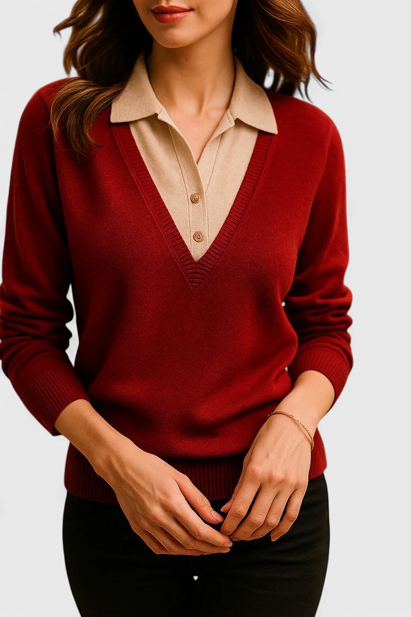Polo Collar V-Neck Contrast Trim Long Sleeve Knit Sweater