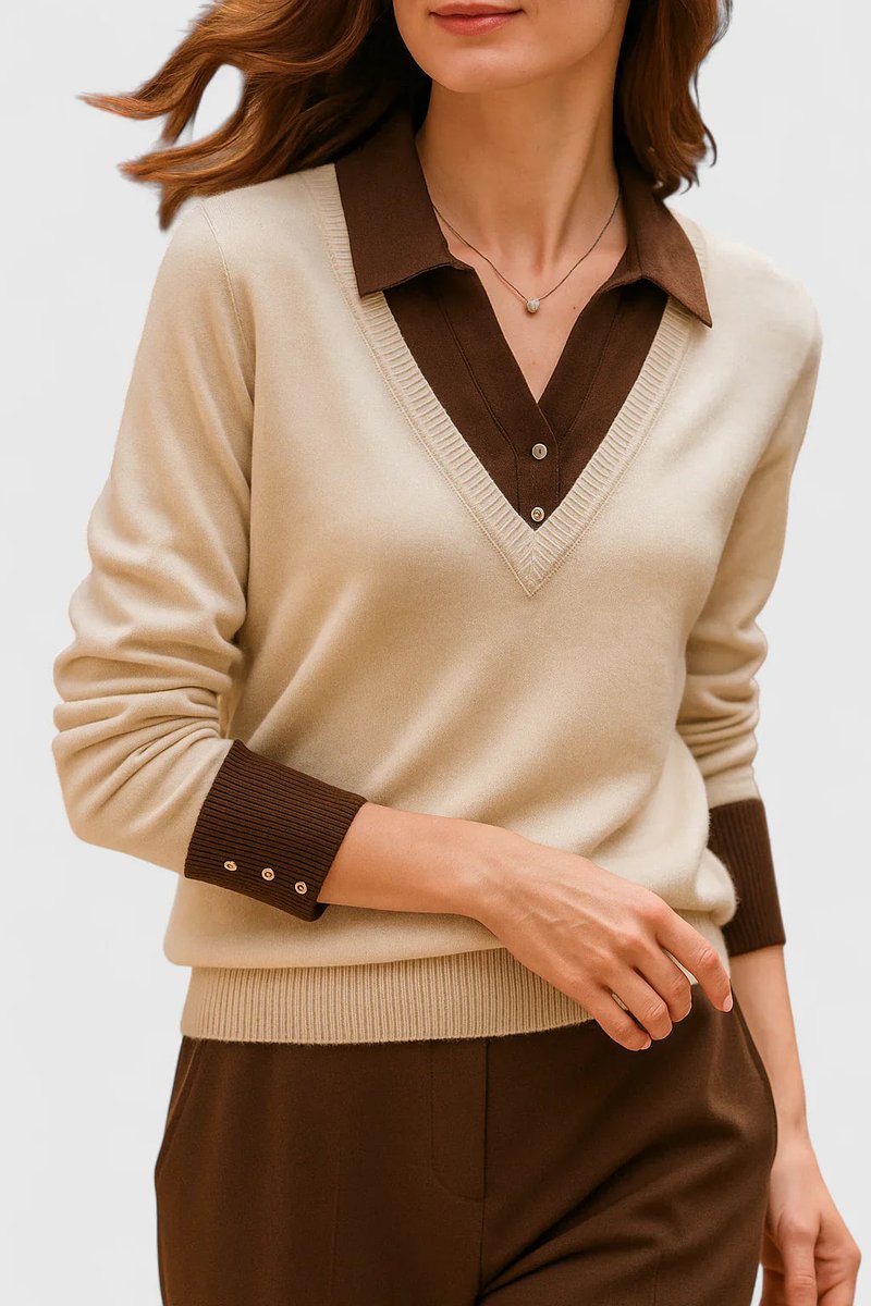 Polo Collar V-Neck Contrast Trim Long Sleeve Knit Sweater