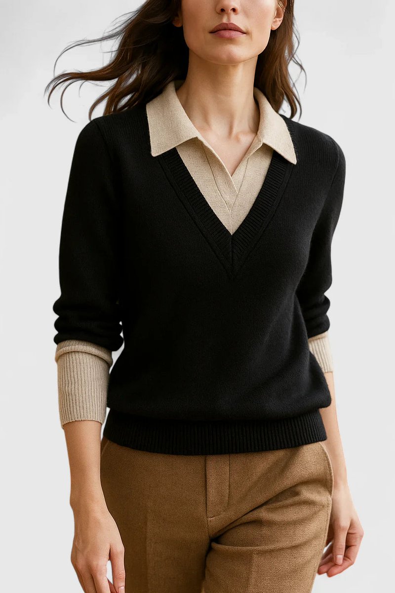 Polo Collar V-Neck Contrast Trim Long Sleeve Knit Sweater