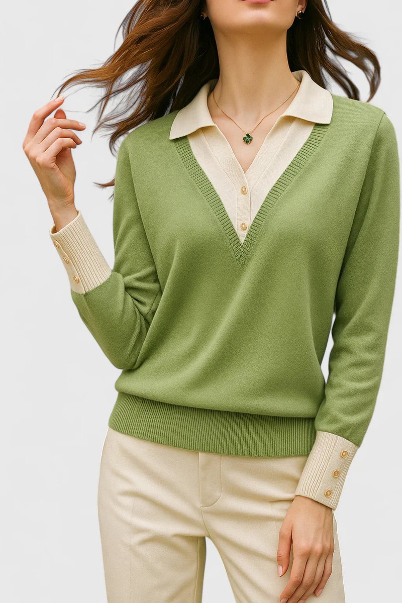 Polo Collar V-Neck Contrast Trim Long Sleeve Knit Sweater