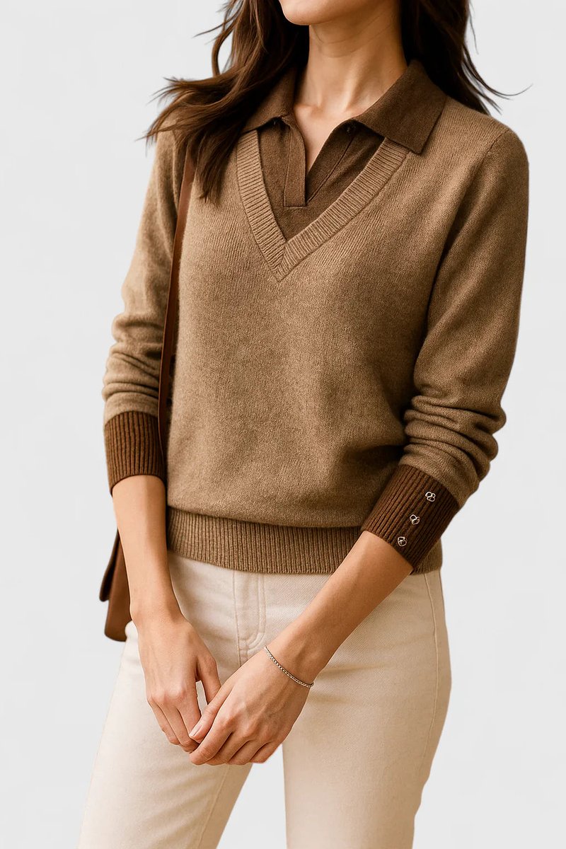 Polo Collar V-Neck Contrast Trim Long Sleeve Knit Sweater