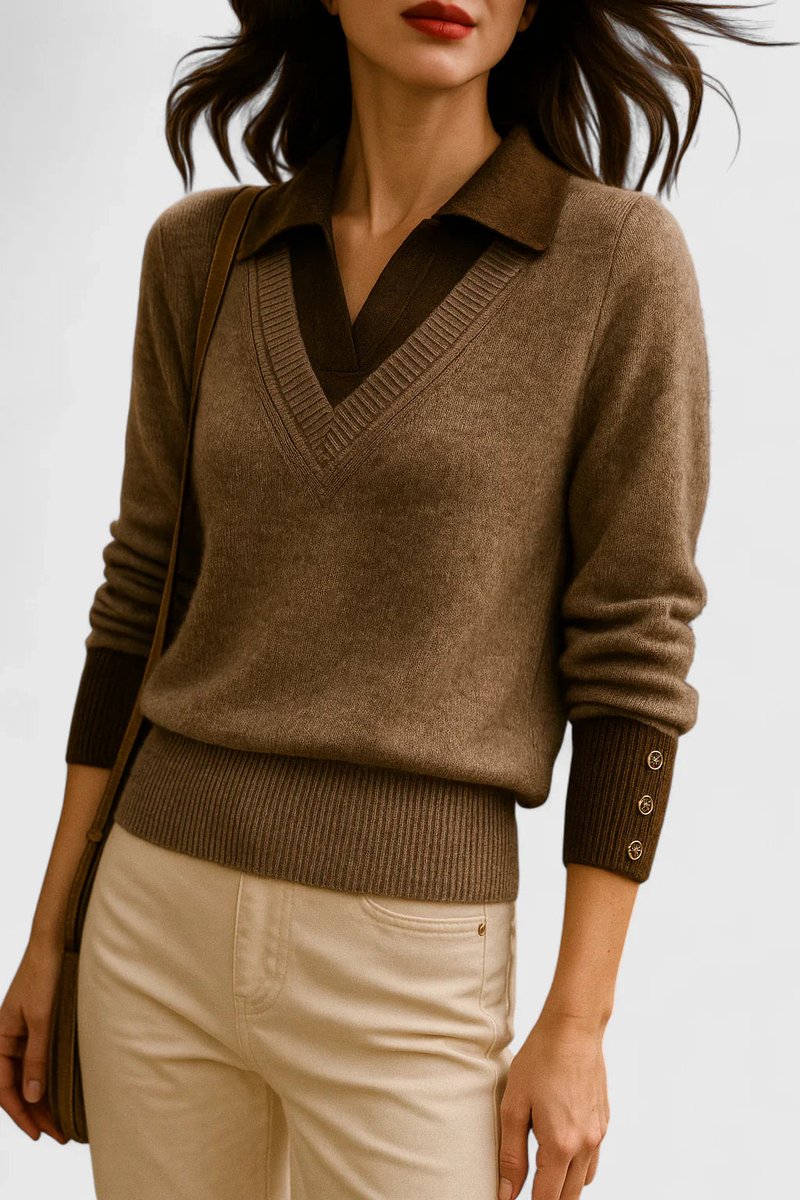Polo Collar V-Neck Contrast Trim Long Sleeve Knit Sweater