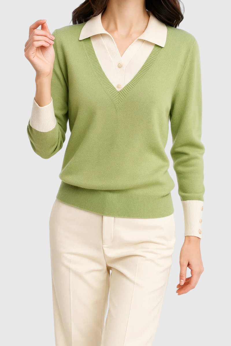 Polo Collar V-Neck Contrast Trim Long Sleeve Knit Sweater