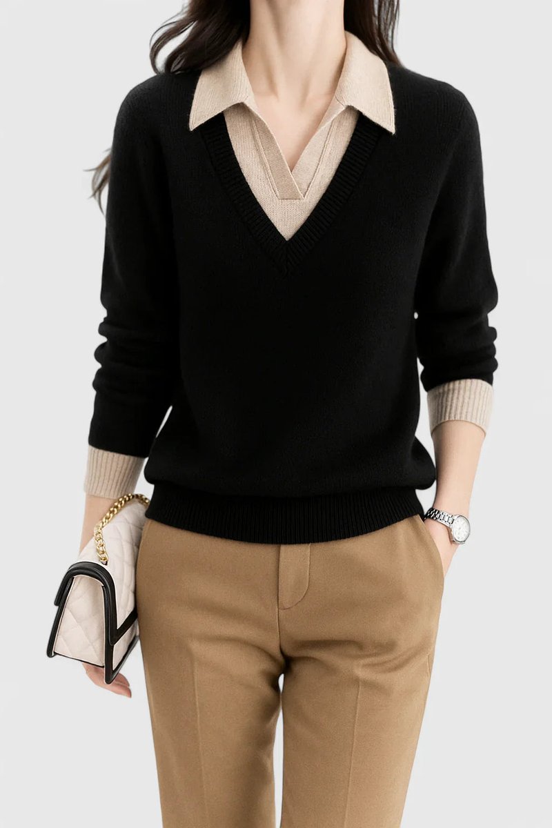 Polo Collar V-Neck Contrast Trim Long Sleeve Knit Sweater