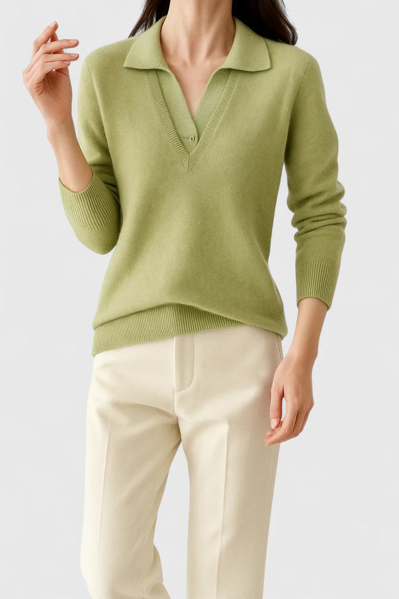 Polo Collar V-Neck Contrast Trim Long Sleeve Knit Sweater