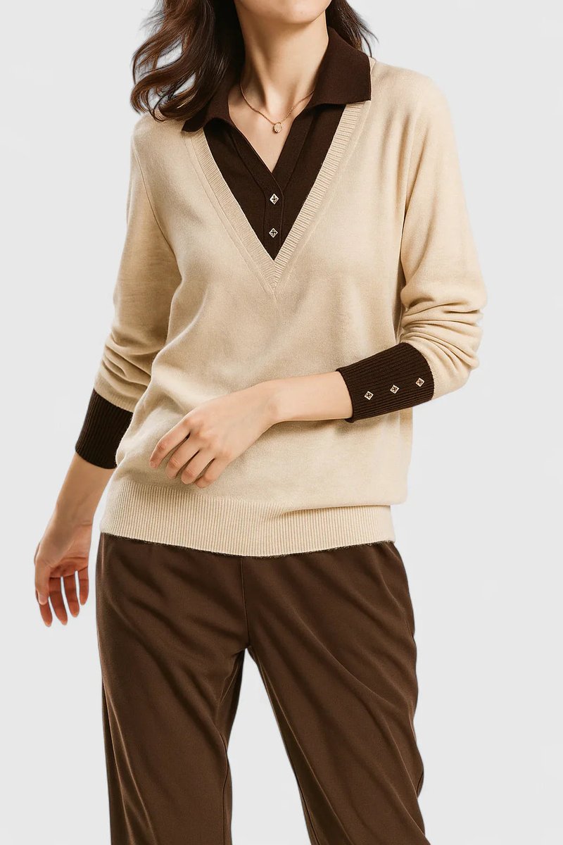 Polo Collar V-Neck Contrast Trim Long Sleeve Knit Sweater