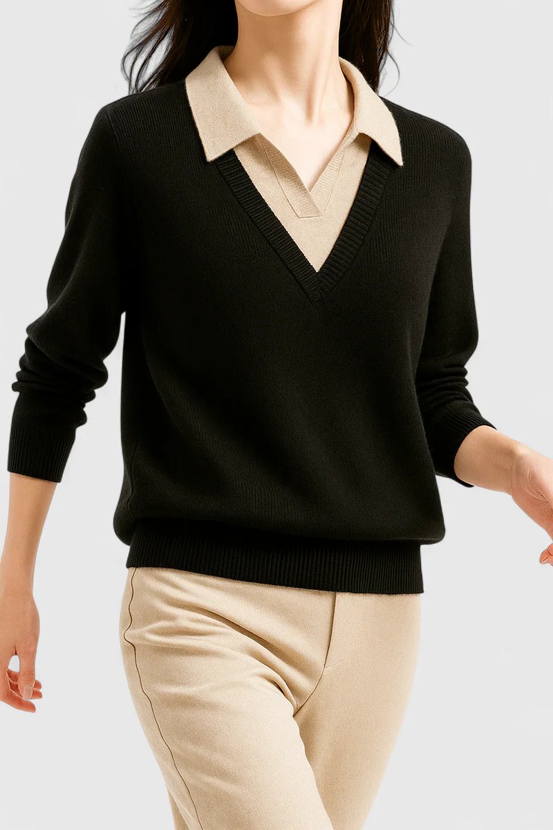 Polo Collar V-Neck Contrast Trim Long Sleeve Knit Sweater