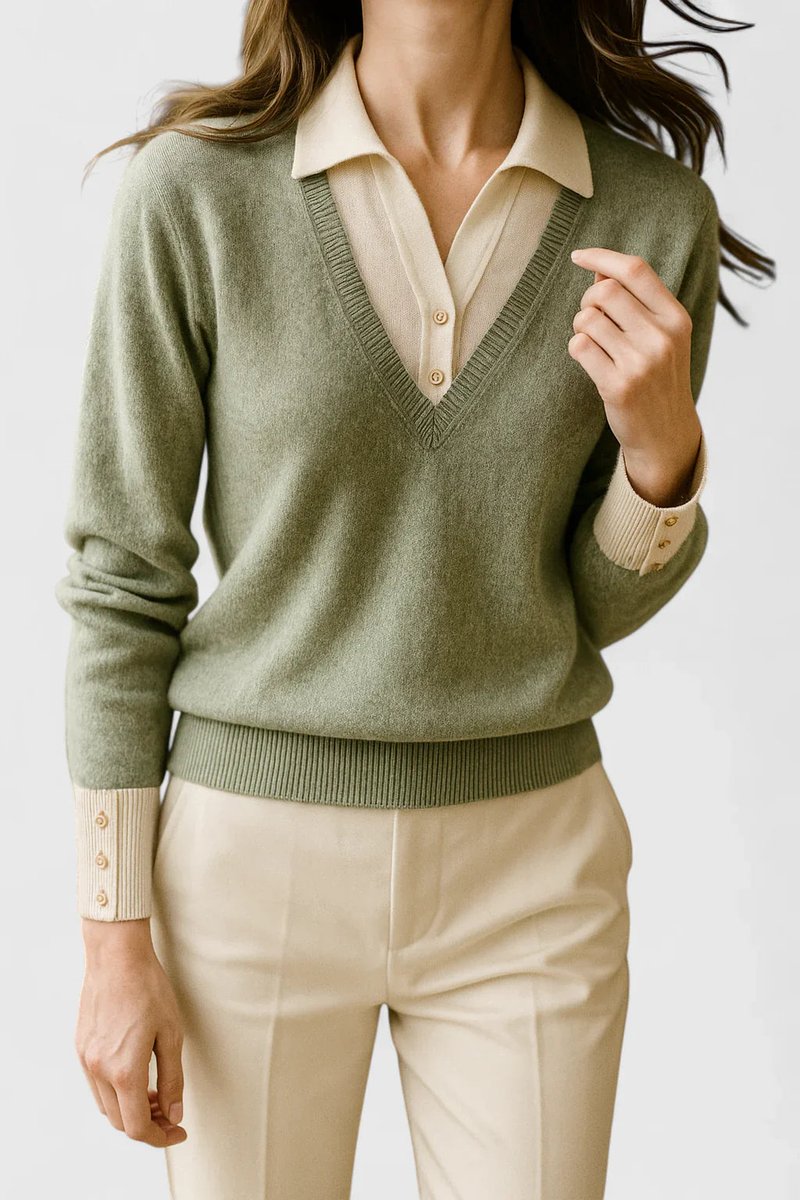 Polo Collar V-Neck Contrast Trim Long Sleeve Knit Sweater