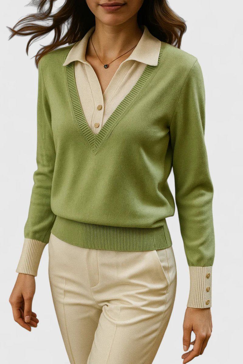 Polo Collar V-Neck Contrast Trim Long Sleeve Knit Sweater
