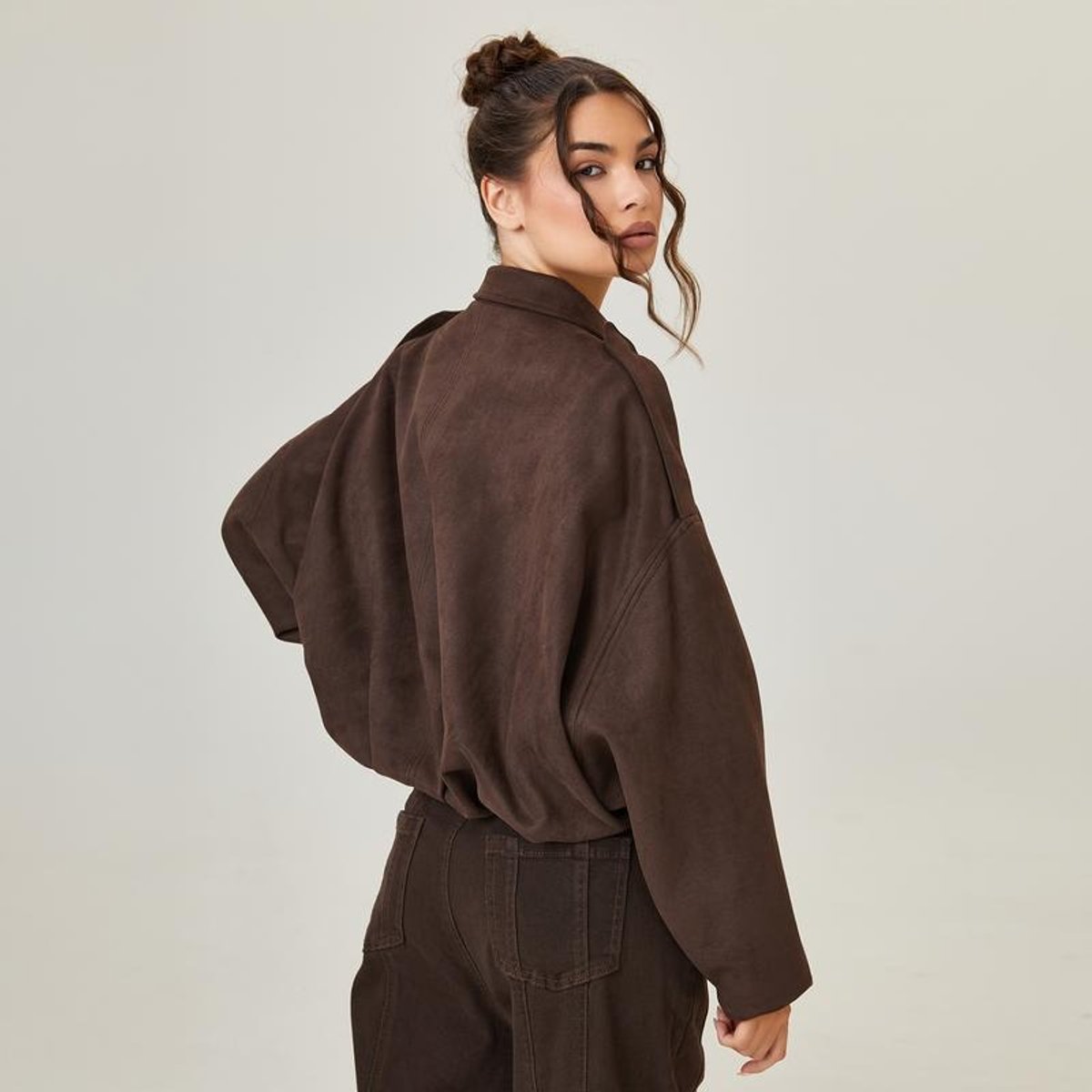Faux Suede Collared Cropped Bomber Jacket