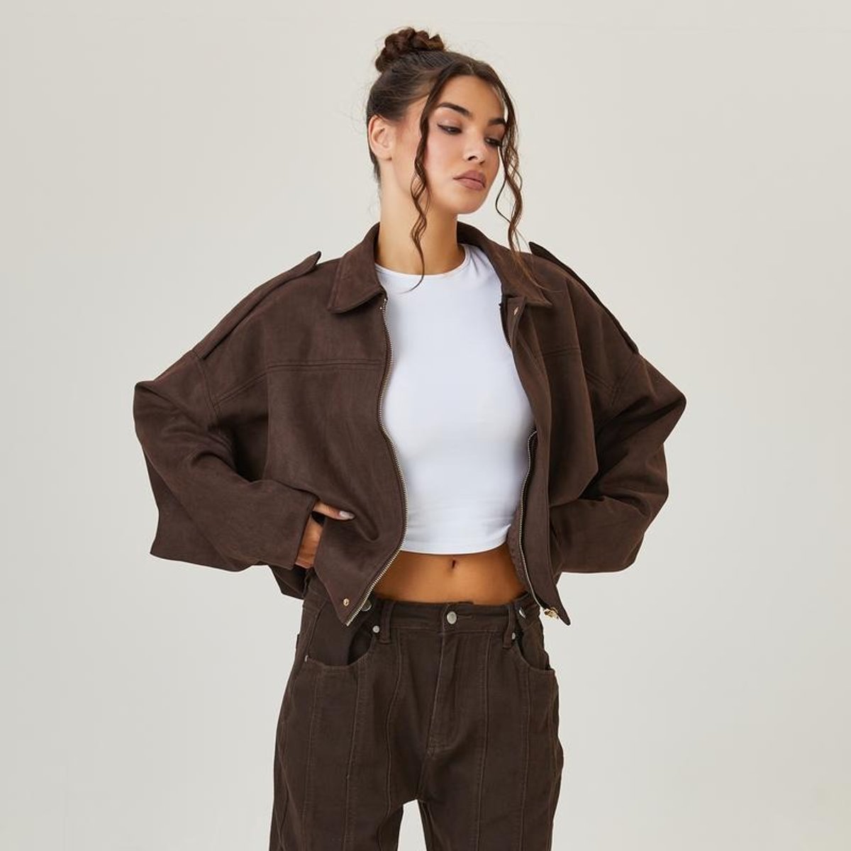 Faux Suede Collared Cropped Bomber Jacket 2
