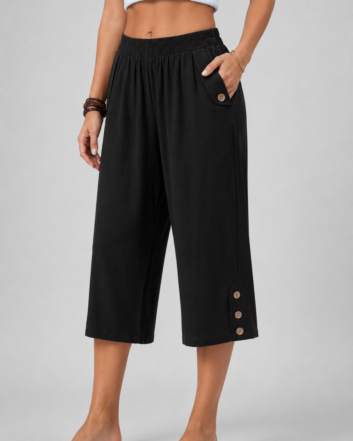 Elastic Waist Button Hem Wide Leg Cropped Pants