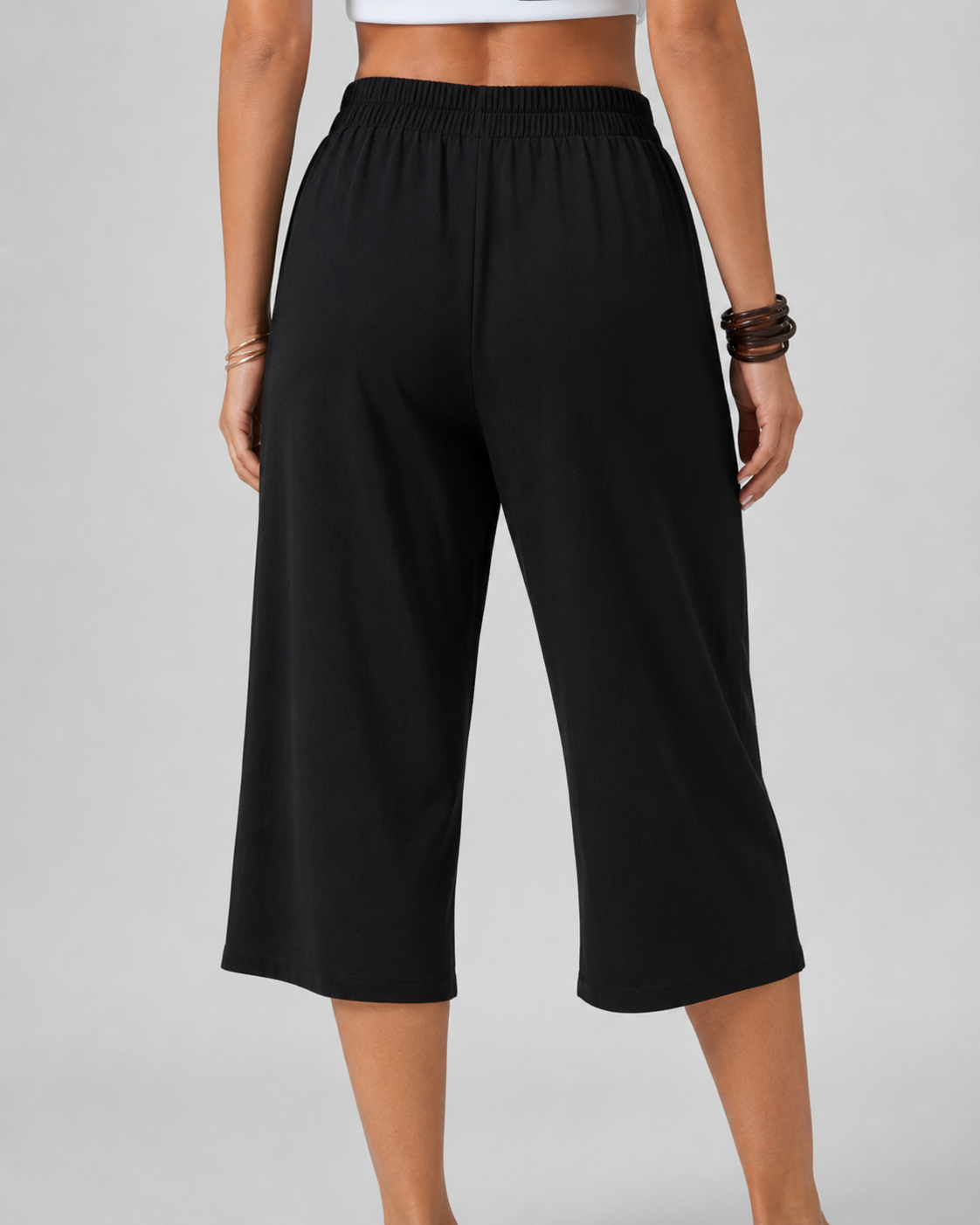 Elastic Waist Button Hem Wide Leg Cropped Pants
