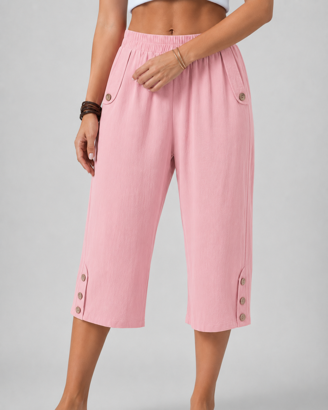 Elastic Waist Button Hem Wide Leg Cropped Pants