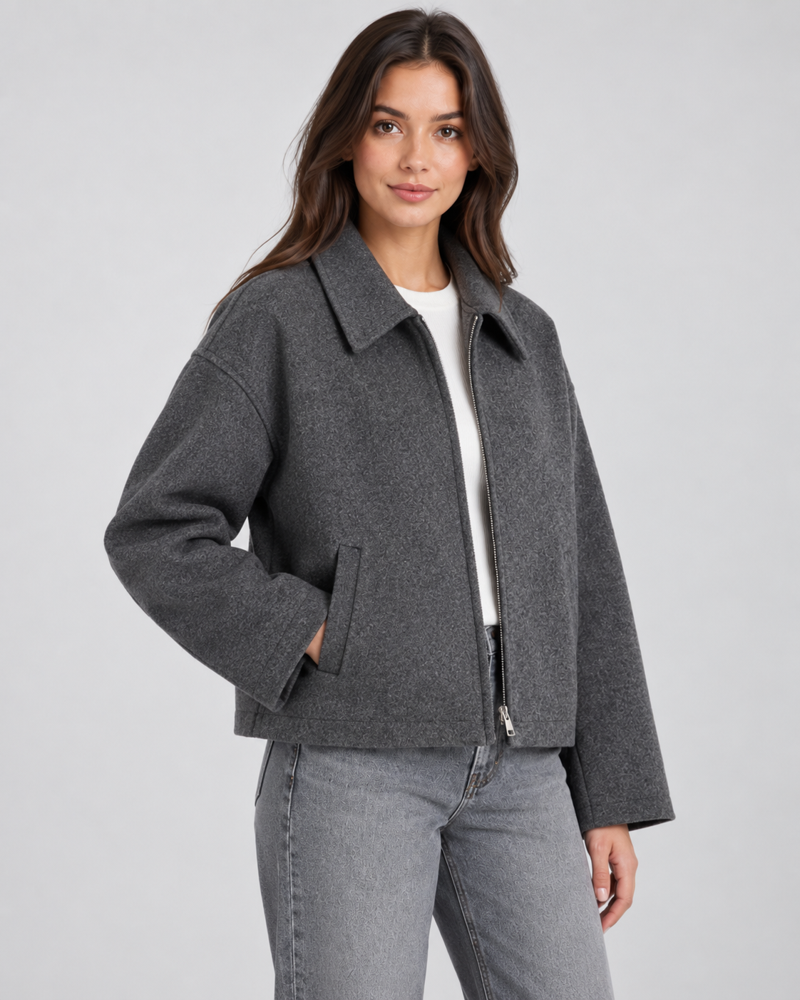 Women's Zip Jacket - Wool-Look Point Collar