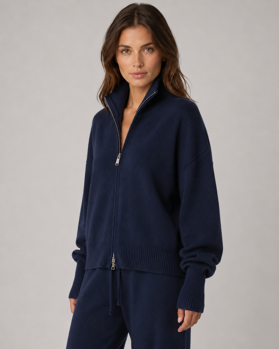 Funnel Neck Double Zip Oversized Knit Cardigan