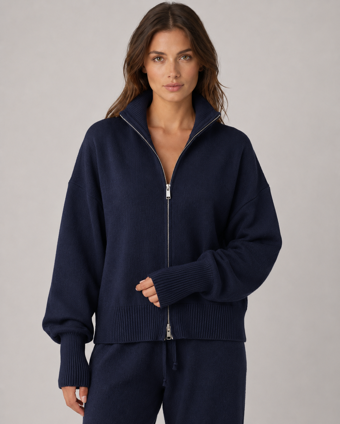 Funnel Neck Double Zip Oversized Knit Cardigan