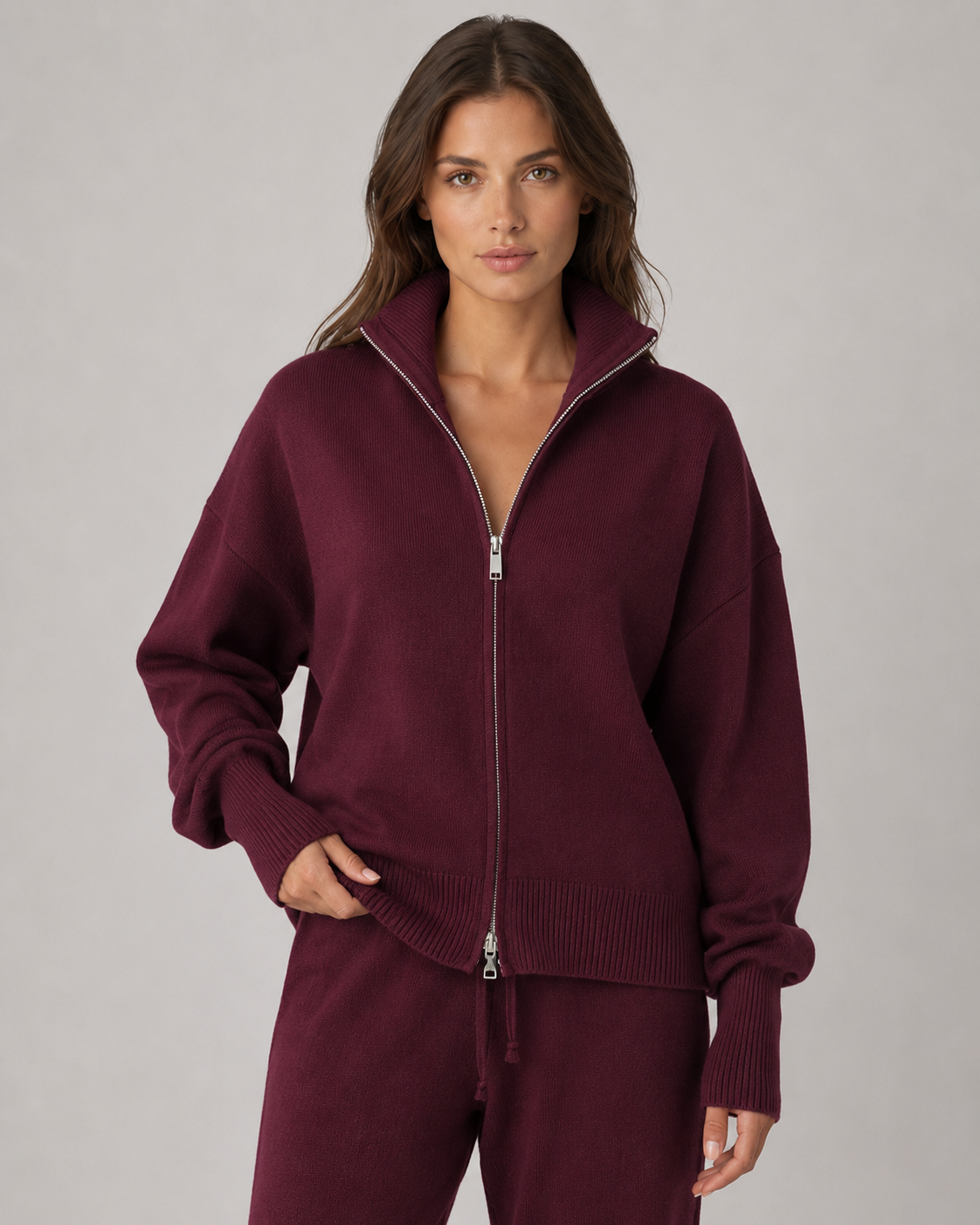 Funnel Neck Double Zip Oversized Knit Cardigan