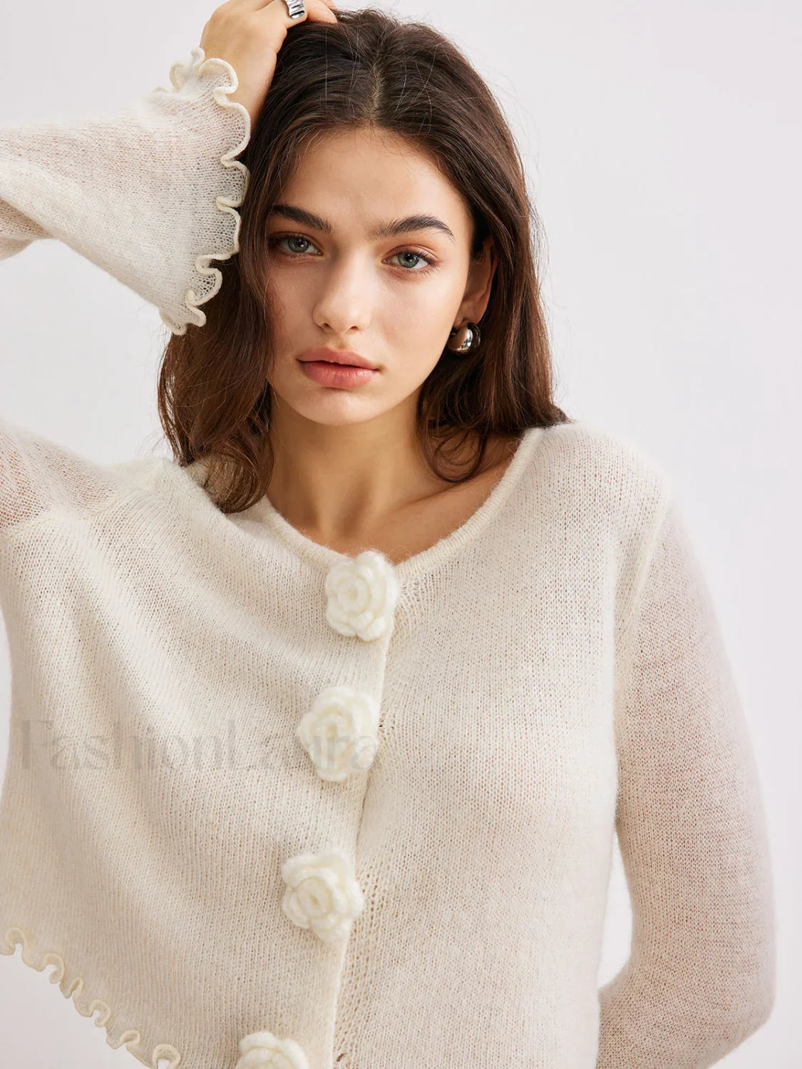 Wool-Blend Lettuce Trim 3D Flower Cardigan