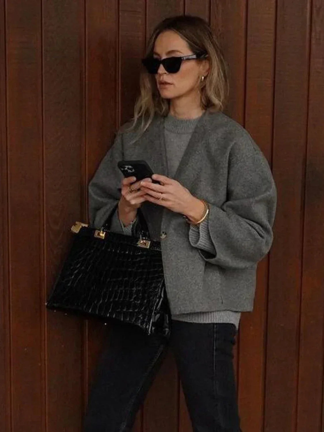 Woolen Coat Women Grey Autumn Winter Crop Overcoats