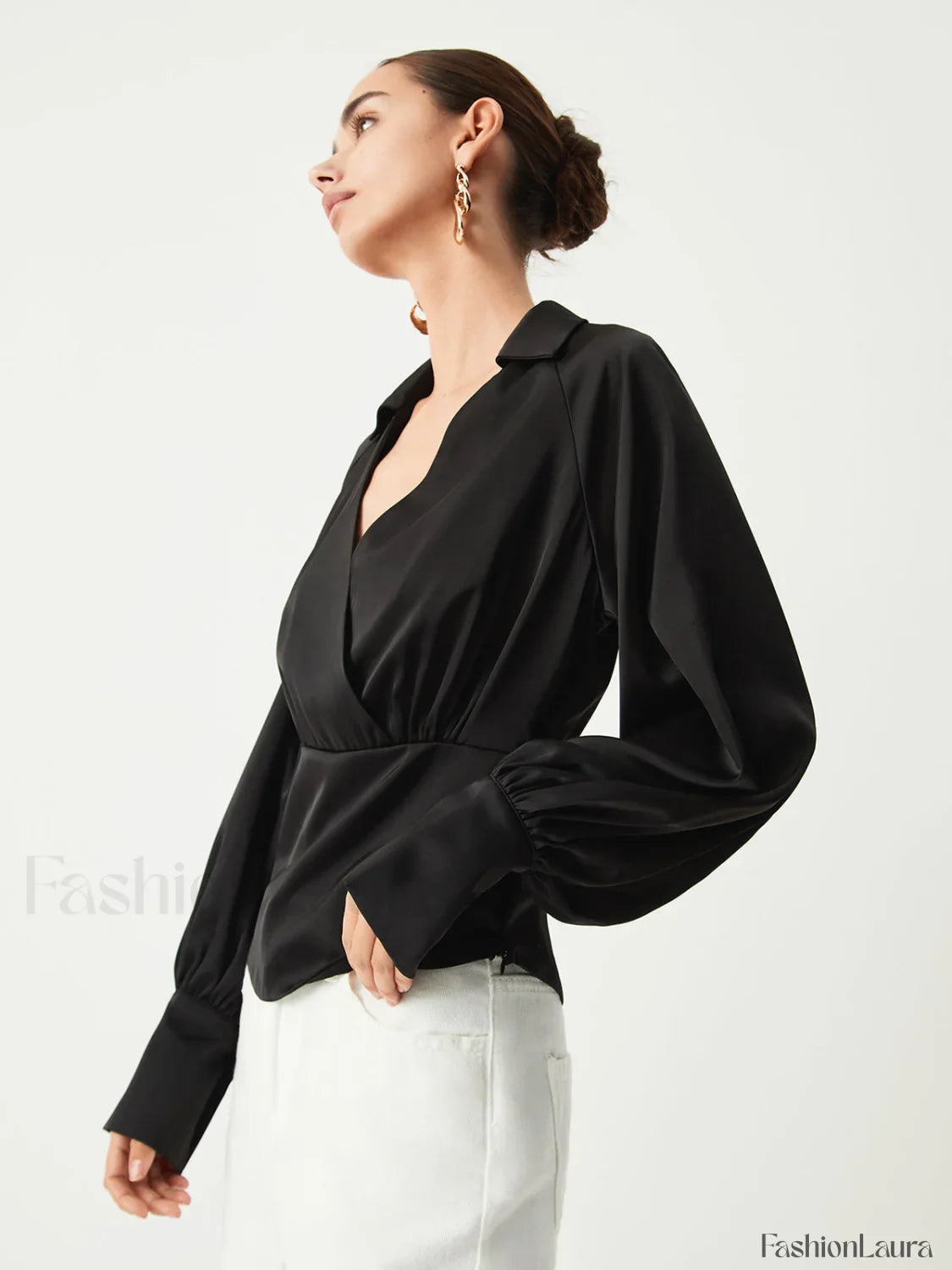 Wrap Open Collar Trendy Satin Long Sleeve Blouse