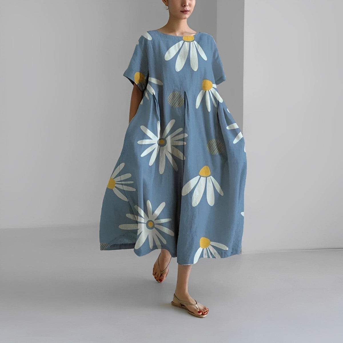 Floral Print Short Sleeve Pocket Pleated Midi Dress