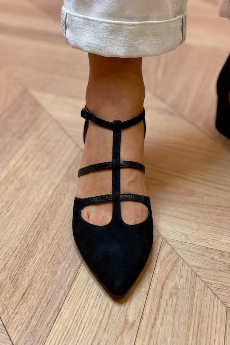 Suede Look Pointed Toe T-Strap Block Heel Pumps