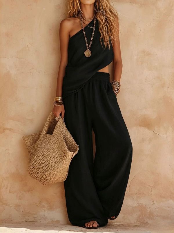 Pink Casual Set with One-Shoulder Sleeveless Top and Pants