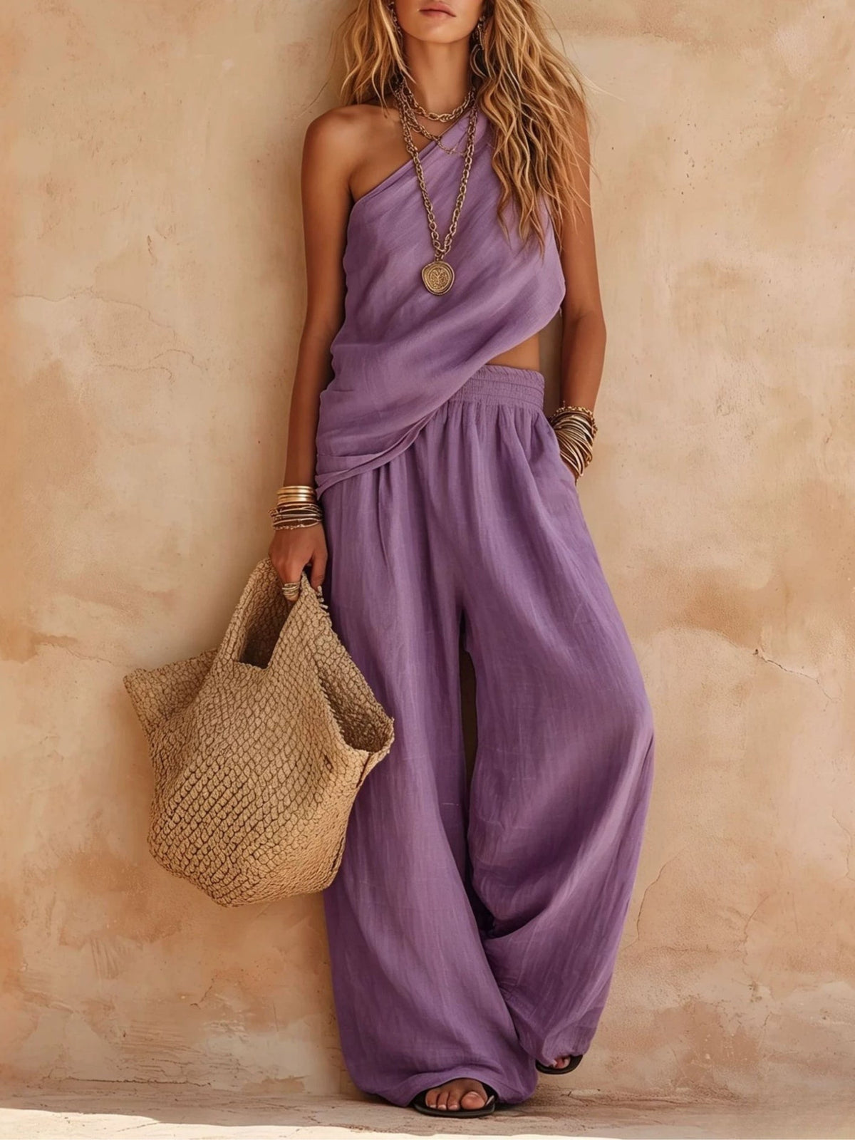 One-shoulder Sleeveless Top And Pants Set