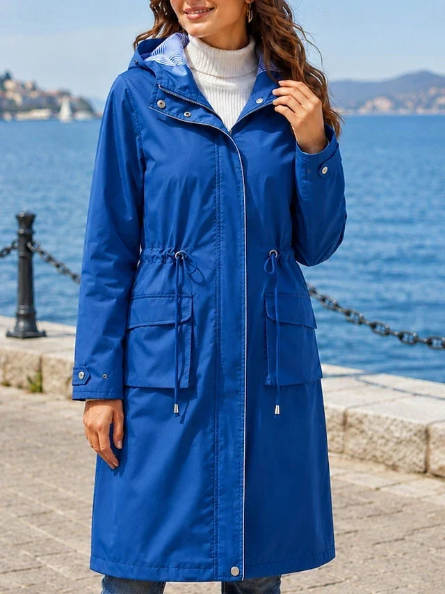 Hooded Drawstring Waist Longline Rain Jacket