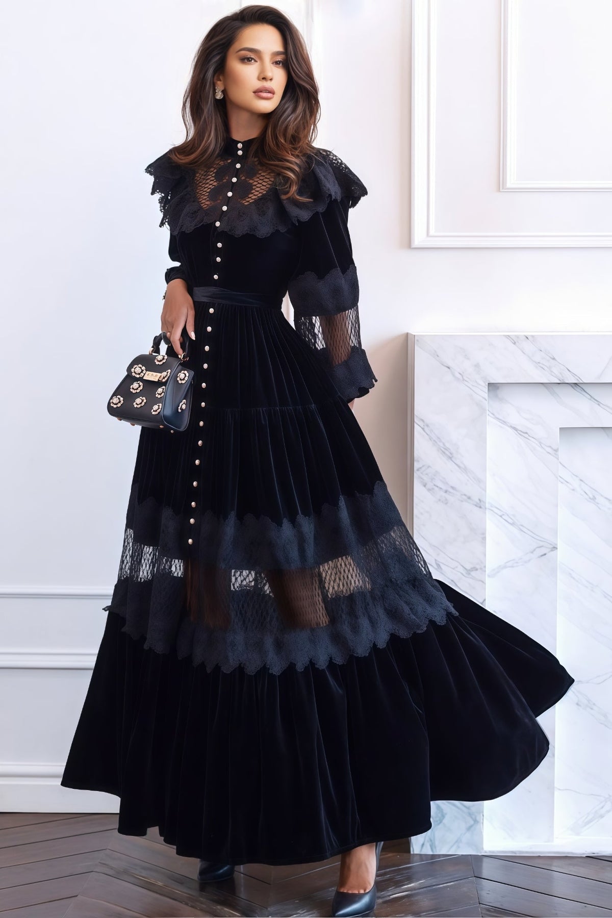 Velvet Lace Insert Ruffle Yoke Button Front Long Sleeve Tiered Maxi Dress