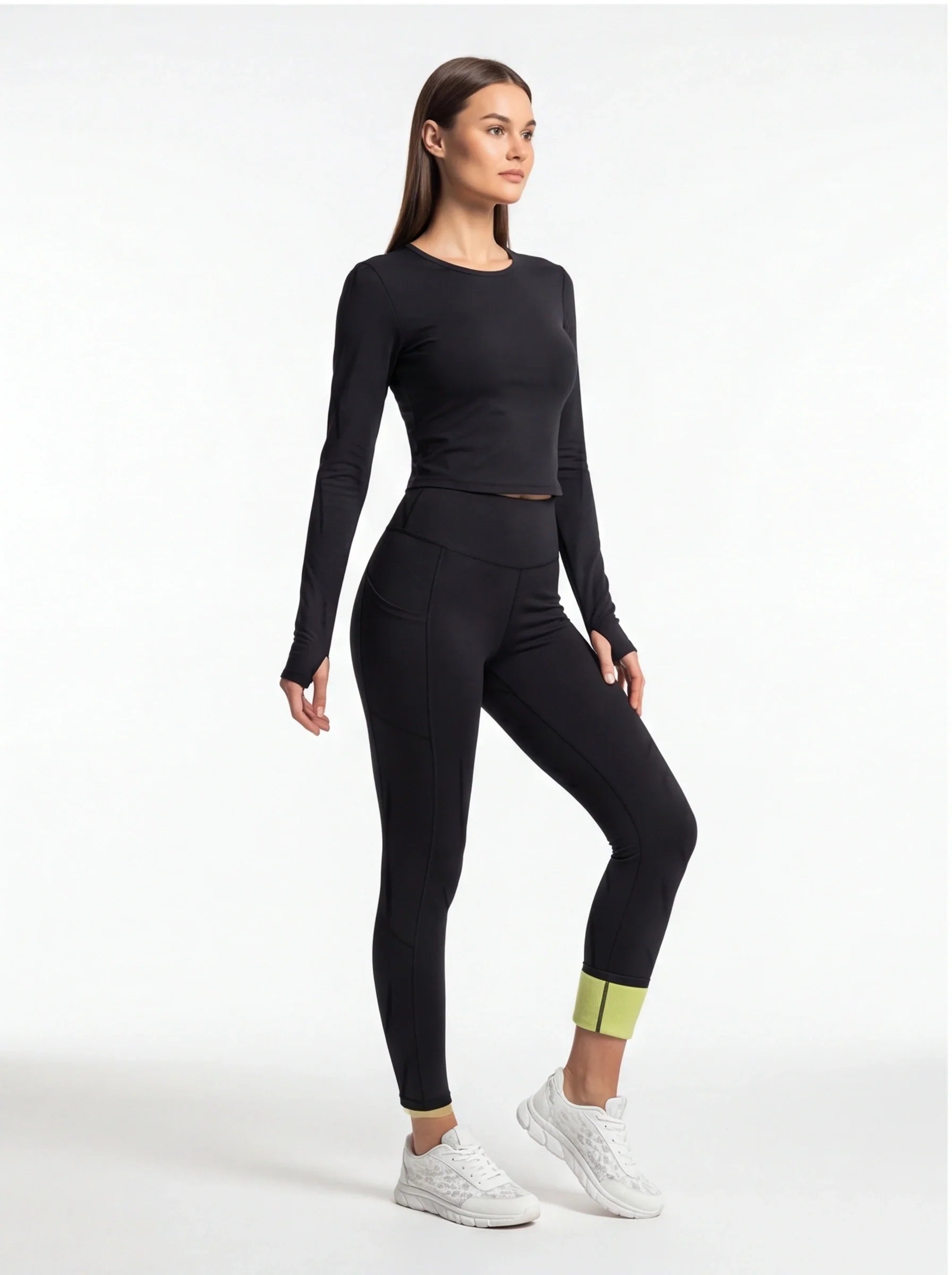 Black Leggings Fleece-Lined High-Waisted With Pockets For Cold Weather Comfort Everyday