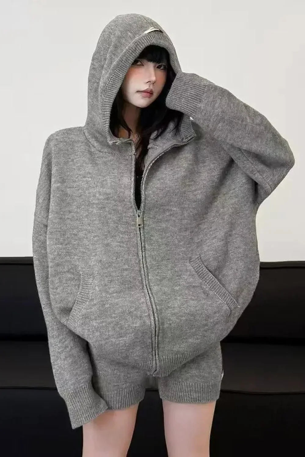 Y2K American Grey Zipper Hoodie