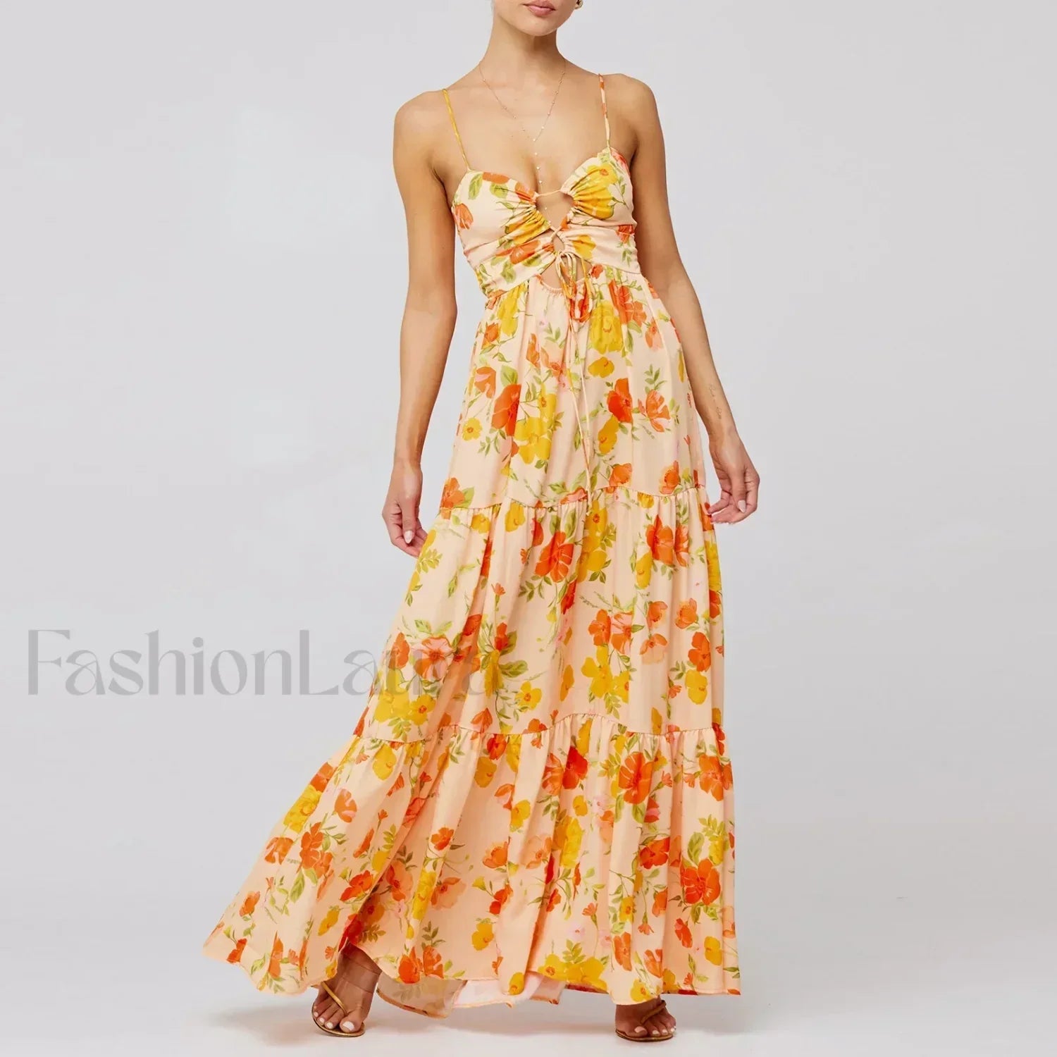 Y2K Floral Bodycon Spaghetti Maxi Dress Orange / S