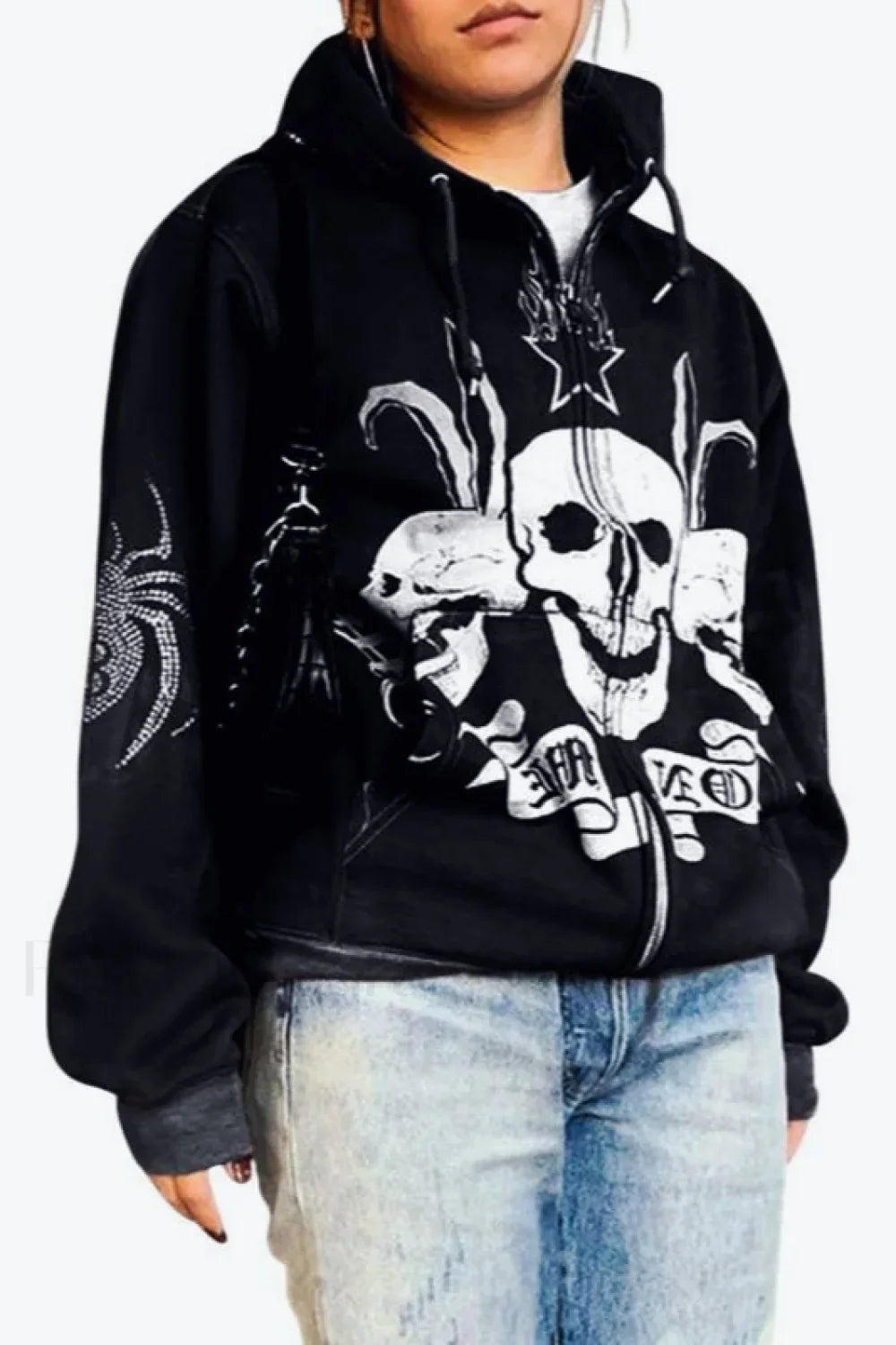 Y2K Graphic Zip Up Hoodie Black / S