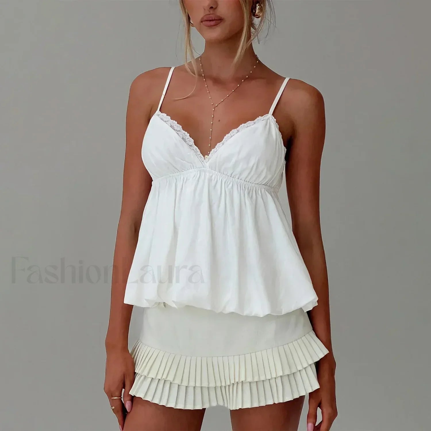 Y2K Lace Trim Flare Crop Top Two Piece Set