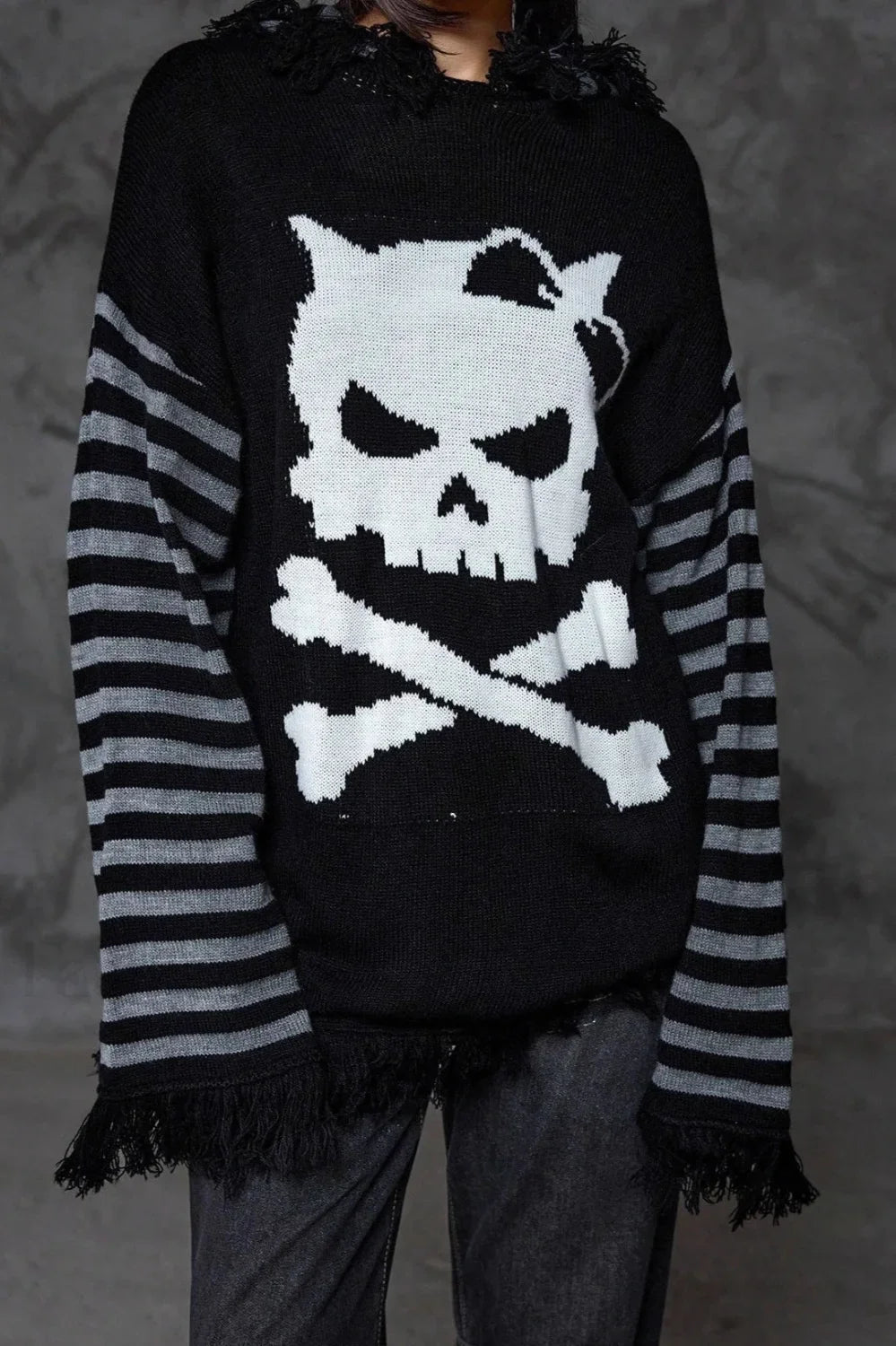 Y2K Skull Striped Knit Hoodie