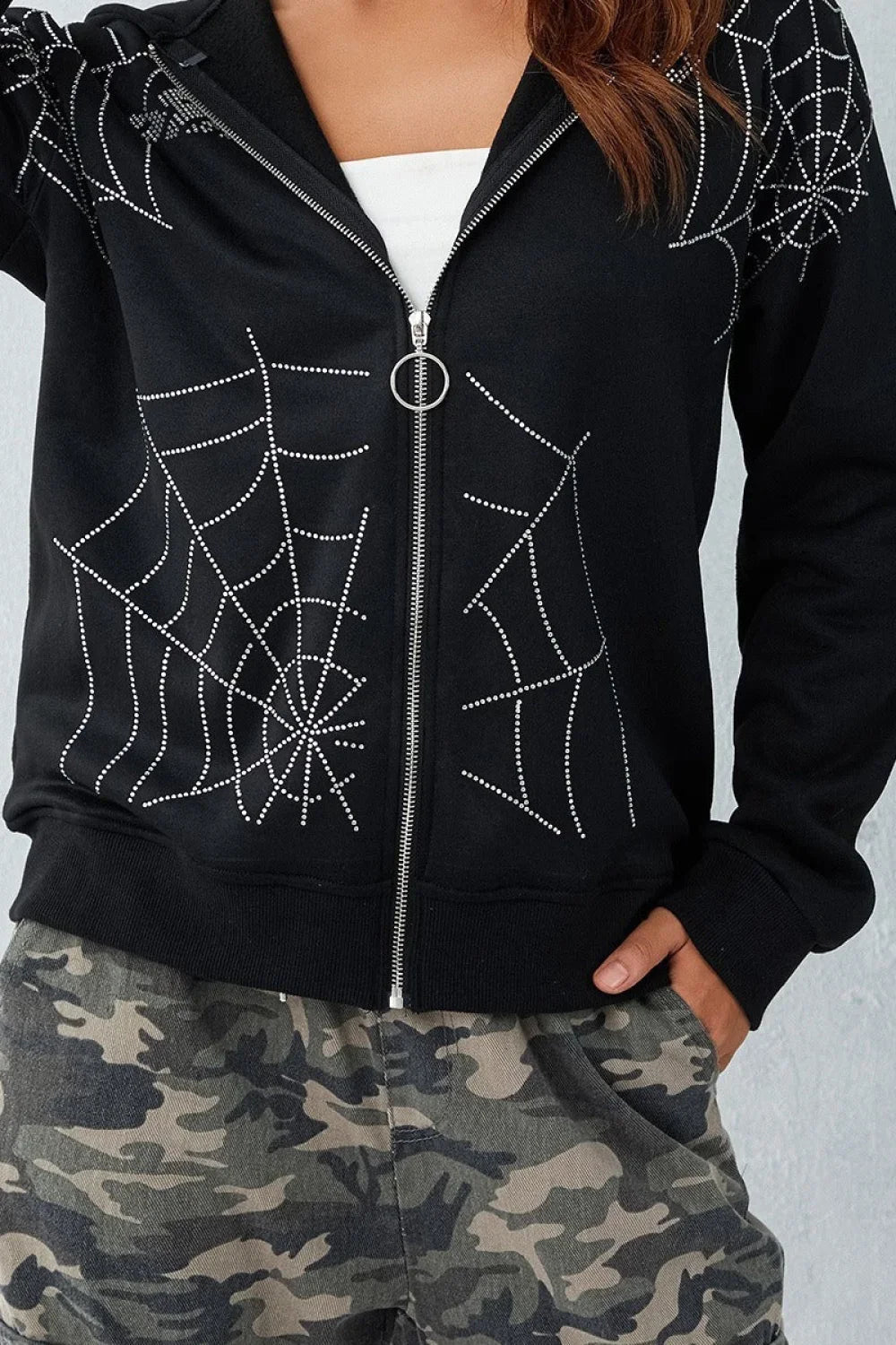 Y2K Spider Rhinestone Hoodie Black / S