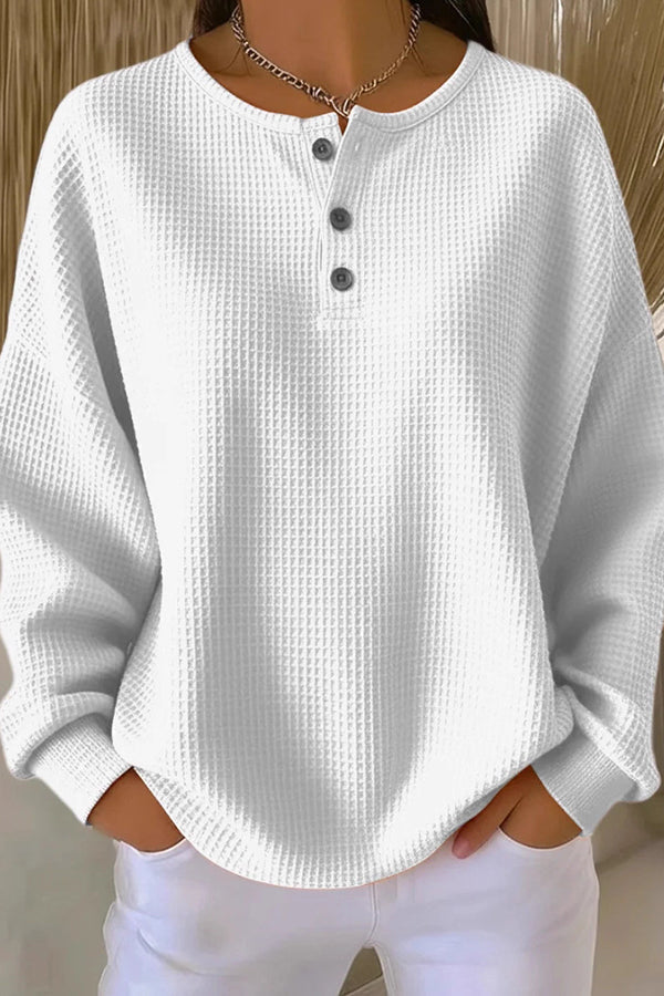 Round Neck Long Sleeve Waffle Knit Henley Sweater