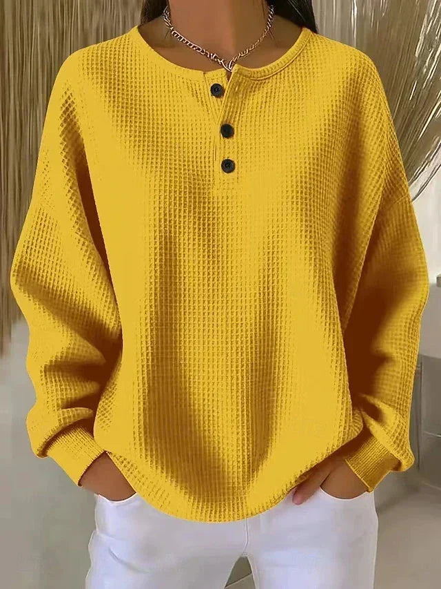 Round Neck Long Sleeve Waffle Knit Henley Sweater