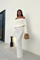 Textured Knit Off Shoulder Long Sleeve Sheer Maxi Dress 6