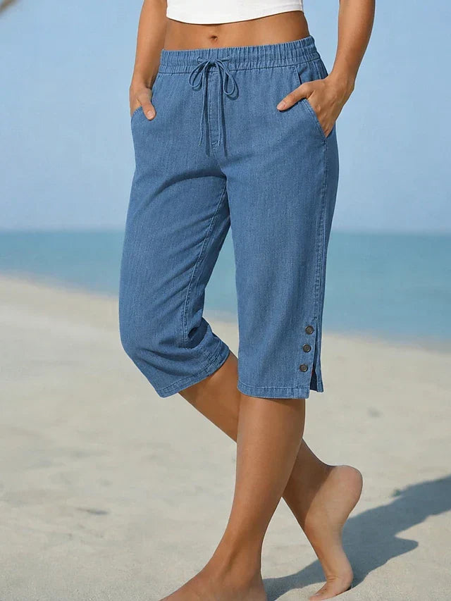 Drawstring Waist Button Hem Cropped Capri Pants