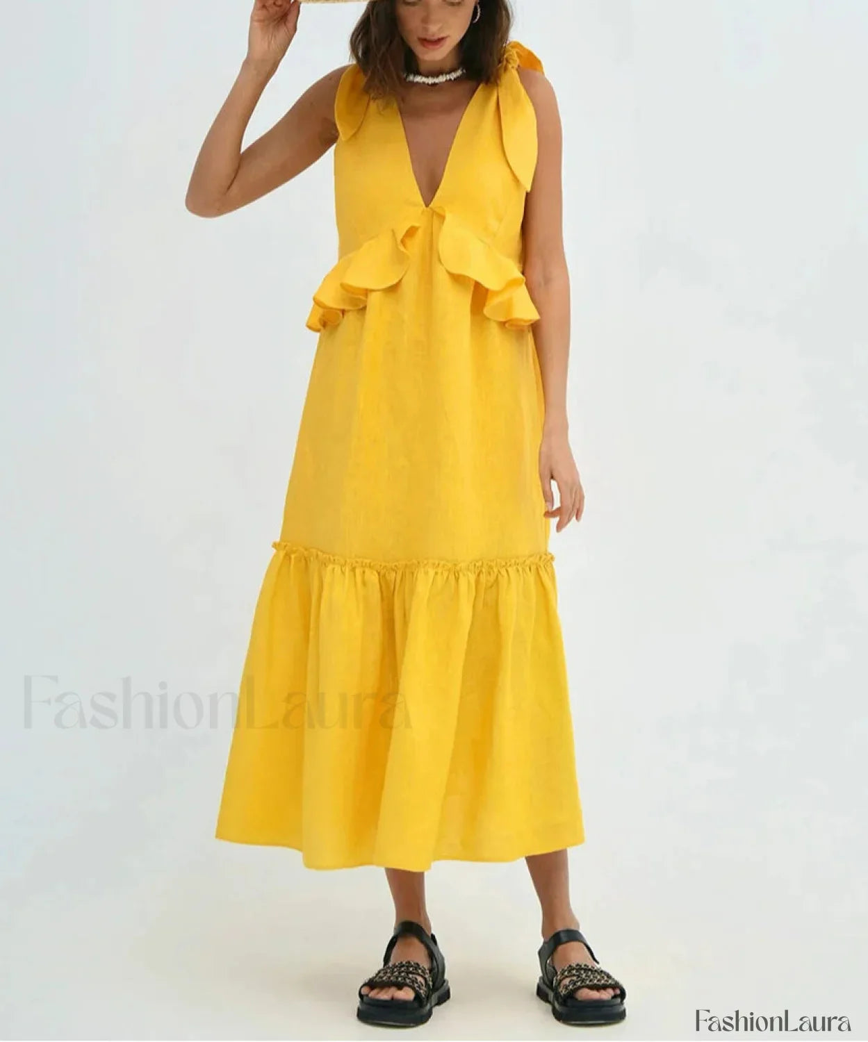 Yellow Linen Ruffle Midi Dress