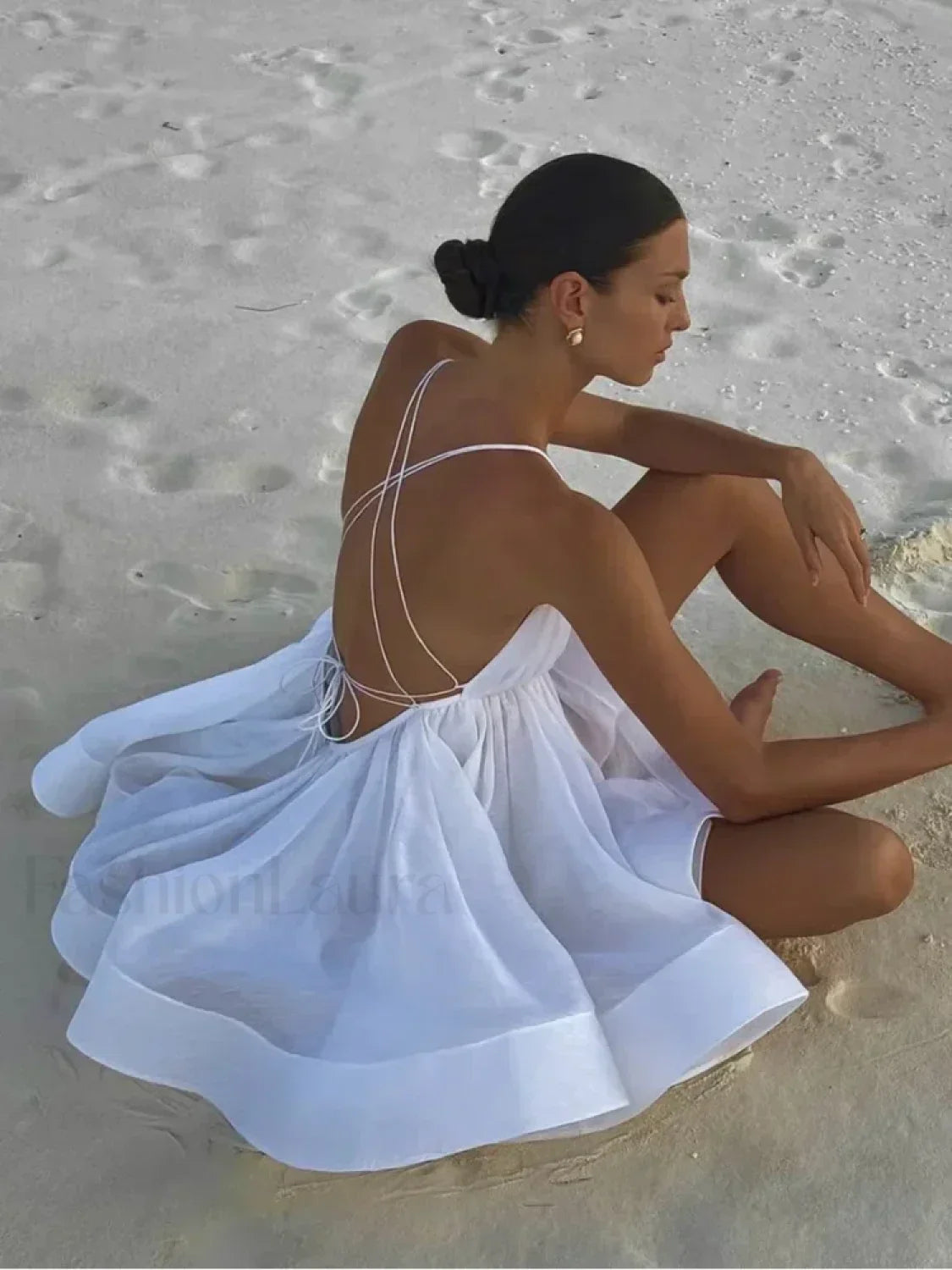 Yellow Pleated Lace-Up Mini Dress