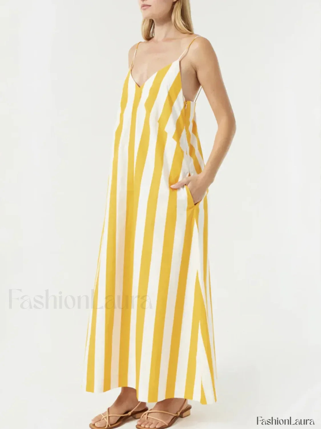 Yellow Striped Pocket Maxi Dress