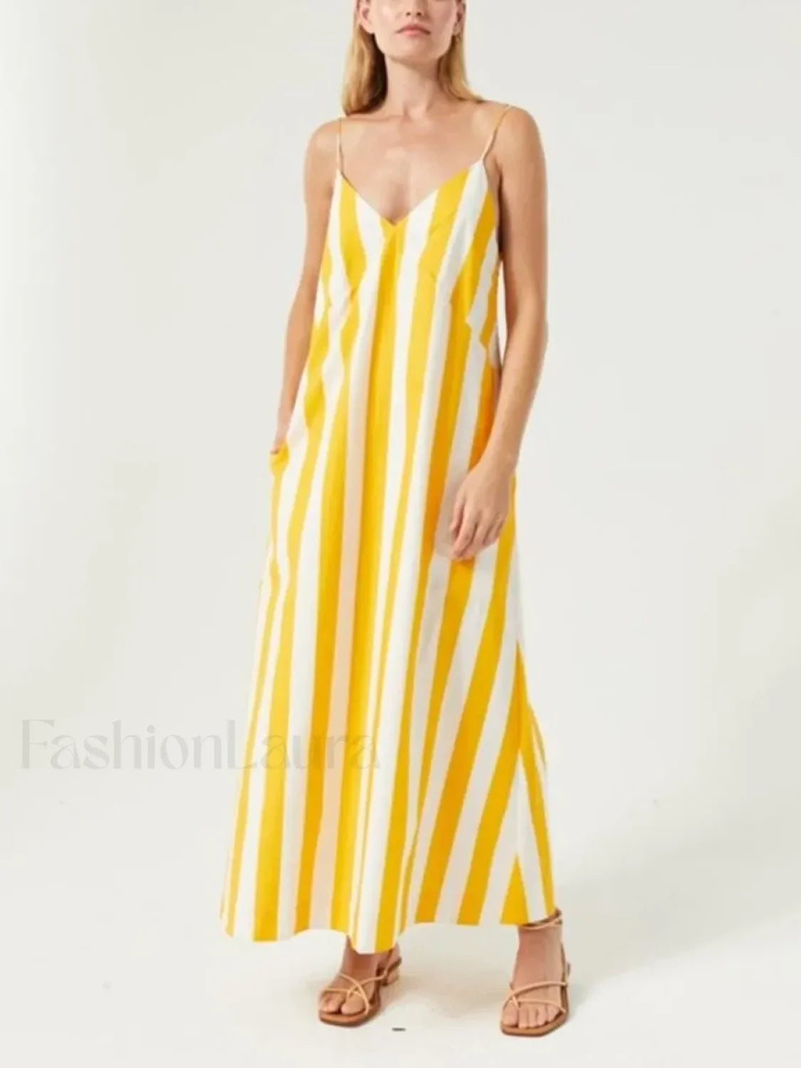 Yellow Striped Pocket Maxi Dress