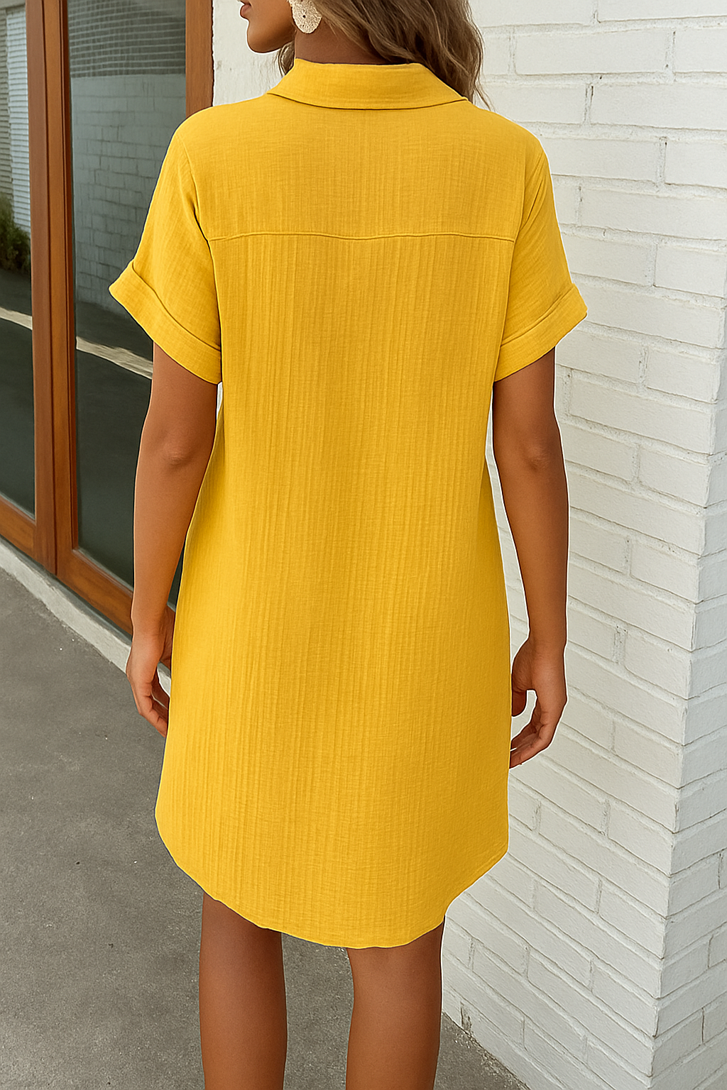 Textured Gauze Button Front Short Sleeve Shirt Dress