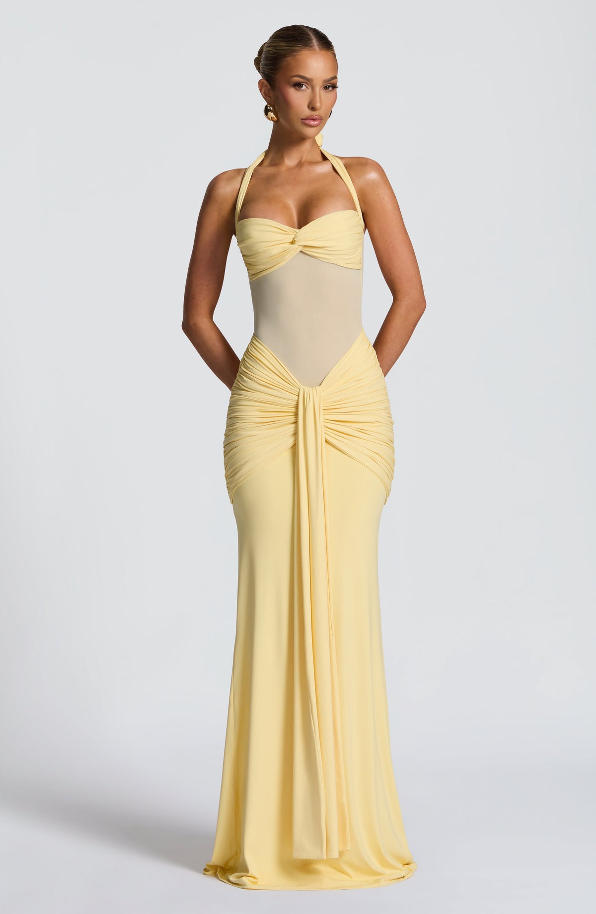 Halter Neck Twist Bust Sheer Mesh Ruched Drape Maxi Gown 8