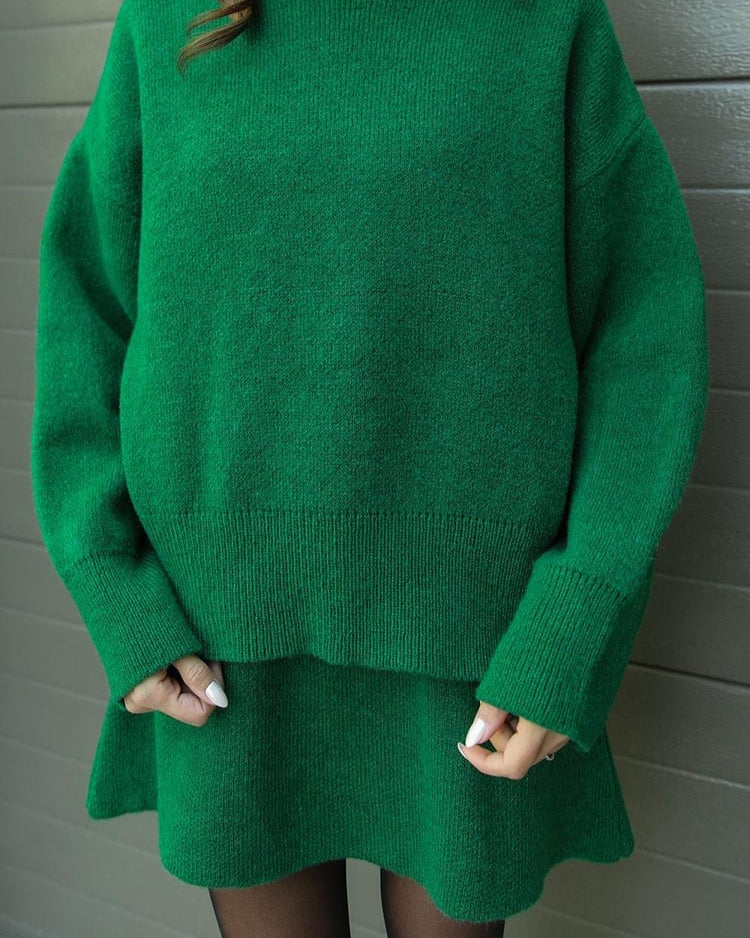Crew Neck Oversized Knit Sweater and Mini Skirt Two Piece Set